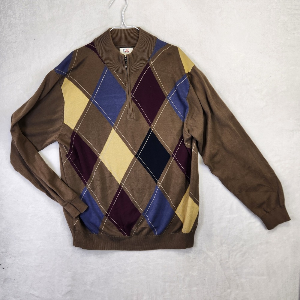 Cutter‎ & Buck Mens XL Brown Argyle Quarter Zip Pullover Sweater Golf Knit